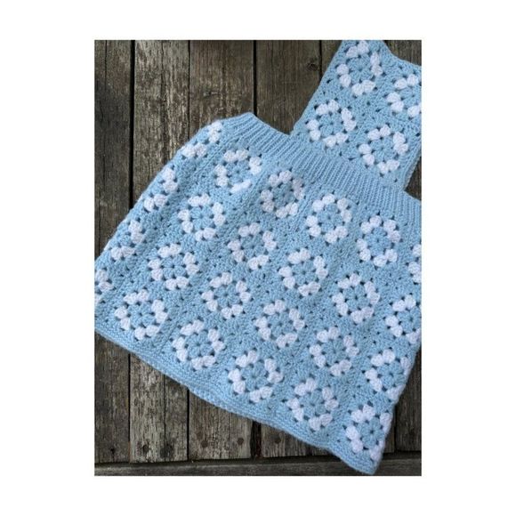 Vintage 70s Handmade Granny Square Bib Tank Dress Baby Blue & White - Picture 3 of 5